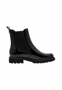 Bottines en cuir verni noir avec des panneaux élastiques sur les côtés, bout arrondi et semelle extérieure robuste. Comprend une languette pour un enfilage facile.