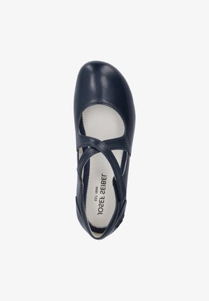 Ballerine in pelle blu navy con punta rotonda, design a fascia incrociata e interni imbottiti. Presenta un sottile dettaglio di cucitura sui lati.