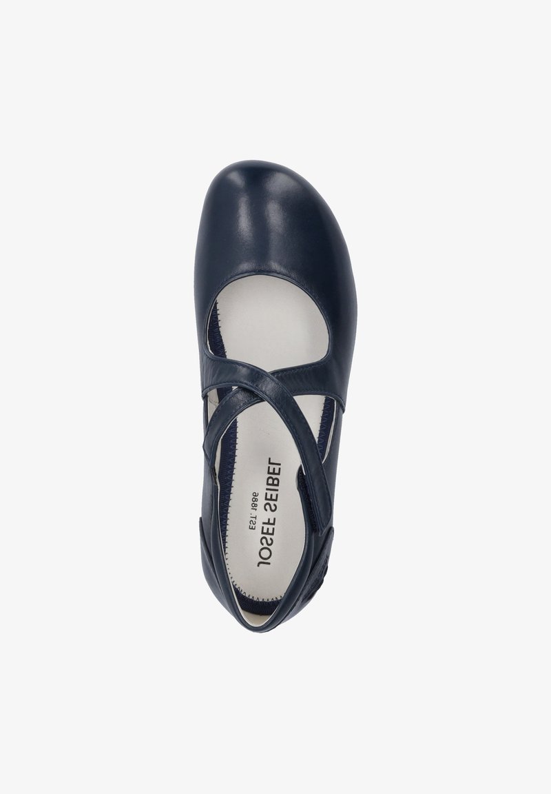 Granatowe skórzane baleriny typu Mary Jane z okrągłym noskiem, krzyżowym paskiem i wyściółką z amortyzacją. Posiadają subtelne detale wyszywania po bokach.