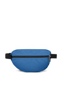 Sininen kangaslompakko, jossa on vaakasuuntaiset vetoketjut, musta hihna ja sileä pinta. Kompakti muotoilu, jossa on kaareva siluetti.