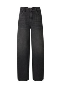 Czarne jeansy o szerokich nogawkach wykonane z denimu, z wysokim stanem, zapięciem na guziki oraz klasycznym wzorem z pięcioma kieszeniami i gładką teksturą.