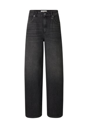 Sorte vidde bukser i denim med høj talje, knaplukning og klassisk design med fem lommer samt en glat tekstur.