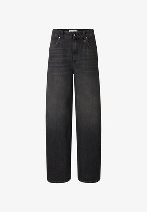 Sorte vidde bukser i denim med høj talje, knaplukning og klassisk design med fem lommer samt en glat tekstur.