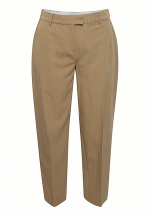 Beige šūti bikses ar vertikālām baltām svītrām, veidotas ar taisnu piegriezumu, gludu priekšpusi un sānu kabatām. Izgatavotas no gludas auduma.