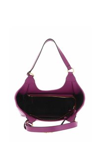 Lila Ledertasche mit einem einzelnen Schulterriemen, schwarzem Pünktchenfutter und einem Reißverschluss-Innenfach. Goldene Hardware-Akzente.