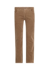 Brown corduroy pants with straight cut, belt loops, and five-pocket design. The material features a textured, ribbed surface.