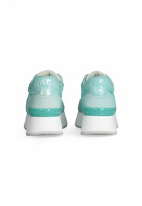 Turquoise sneaker design with shiny and matte textures, featuring a chunky white sole and embossed logo detailing on the heel.