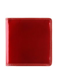 Red, glossy wallet with a smooth texture, compact square shape, and finished edges. No visible hardware or patterns. Suitable for everyday use.