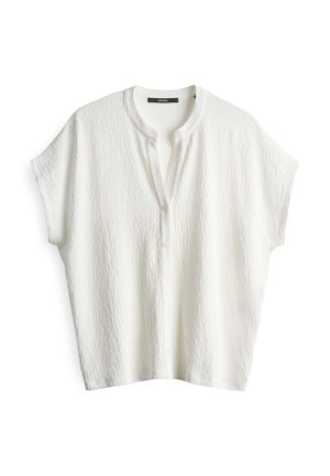 Weißes Kurzarmhemd mit strukturiertem Muster, Rundkragen und Knopfleiste. Weicher Stoff mit lockerer Passform.