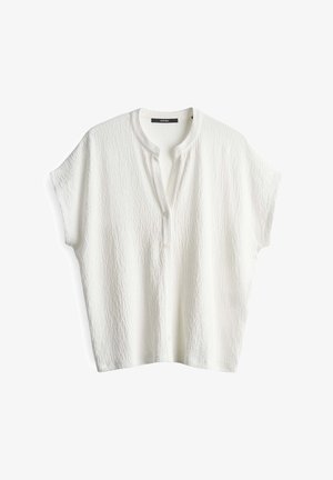 Witte korte mouwen shirt met een gestructureerd patroon, een ronde kraag en een knoopsluiting aan de voorkant. Zacht materiaal met een relaxte pasvorm.