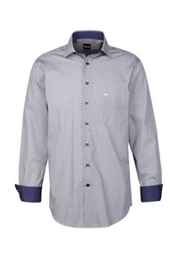 Camicia a maniche lunghe con bottoni di colore grigio chiaro, con un motivo geometrico, polsini blu navy e un'unica tasca sul petto; dotata di bottoni marroni.