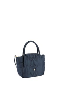 Granatowa torebka z pikowanej tkaniny z podwójnymi krótkimi uchwytami, odpinanym paskiem na ramię, dekoracyjnym przeszyciem i akcentem logo z przodu.