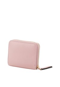 Pink leather wallet with a smooth texture, rectangular shape, zip closure, and contrasting black accent on the zipper pull.