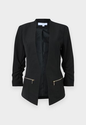 Zwarte blazer met een getailleerd ontwerp, lichtgewicht stof, open voorkant, gerimpelde mouwen en twee gouden ritszakken. Soepele binnenvoering.