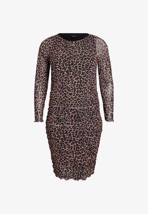 Šaty s leopardím vzorom a dlhými rukávmi, vyrobené z priesvitného materiálu. Majú riasenie po stranách a priliehavý strih, končiaci tesne nad kolenami.