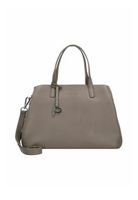 Borsa a tracolla in pelle grigia con doppi manici e una tracolla removibile. Presenta un accento argentato con logo e un design liscio e minimalista.