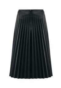 Gonna nera plissettata con una texture in pelle liscia, caratterizzata da una vita alta e pieghe verticali uniformi in tutta la progettazione.