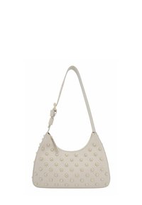 Sac épaule beige clair avec une finition en cuir lisse, orné d'un motif de clous circulaires et d'une seule bandoulière.