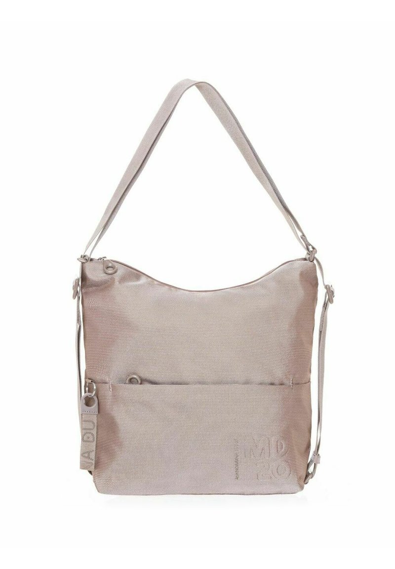 Bolso de hombro rosa claro hecho de una tela texturizada, con cierre de cremallera, correa ajustable y un bolsillo delantero con detalle en relieve.