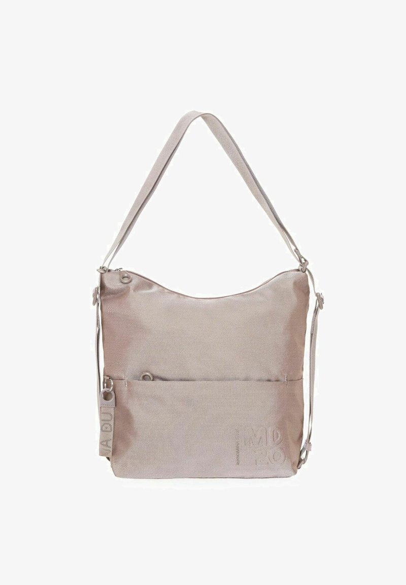 Bolso de hombro rosa claro hecho de una tela texturizada, con cierre de cremallera, correa ajustable y un bolsillo delantero con detalle en relieve.