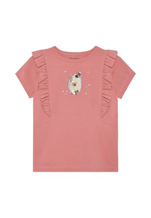 Rosa T-Shirt mit kurzen Ärmeln, Rüschendetails und einem strukturierten, dekorativen Design mit einer mehrfarbigen Form in der Mitte.