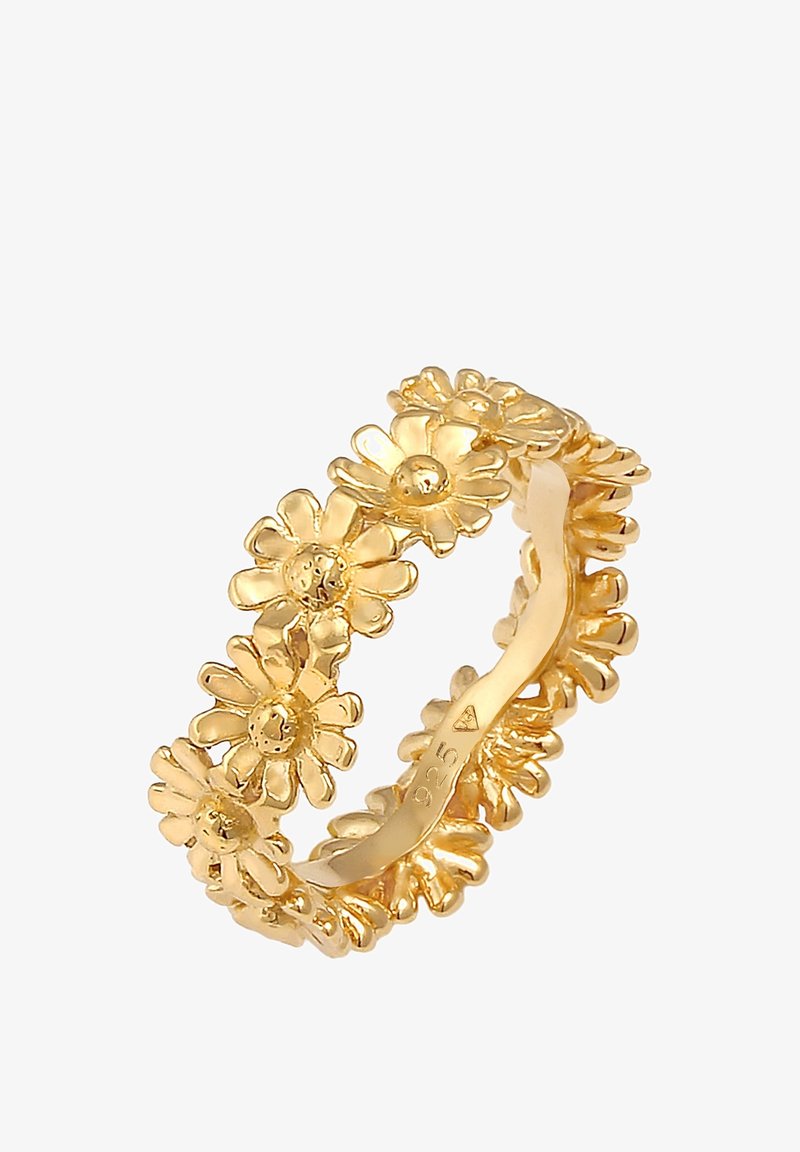 Bague de couleur dorée avec un motif continu de petites marguerites aux pétales et centres détaillés.