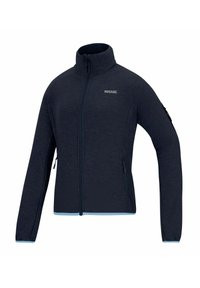 Dark navy blue full-zip jacket with high collar, two zippered side pockets, and logo on the chest, designed for outdoor use.
