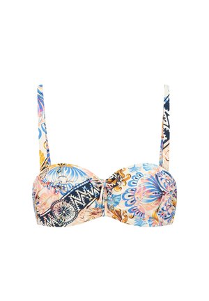 Haut de bikini multicolore avec des motifs floraux et abstraits, doté d'un design à coque moulée et de bretelles réglables. Fabriqué en tissu lisse.