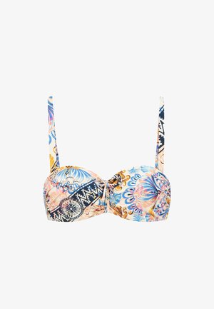 Top bikini multicolore con motivi floreali e astratti, dotato di coppe sagomate e spalline regolabili. Realizzato in tessuto morbido.