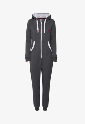 Dunkelgrauer Fleece-Overall mit einem Reißverschluss vorne, weißen Akzenten, einer Kapuze und zwei Fronttaschen. Gerippte Bündchen an den Handgelenken und Knöcheln.