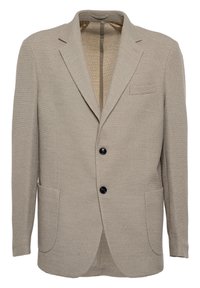 Blazer beige realizzato in tessuto testurizzato, caratterizzato da rever a scollatura, due bottoni, due tasche frontali e una tasca sul petto. All'interno presenta una fodera a contrasto.