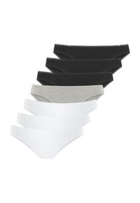 Set aus sechs Damenslips in Schwarz, Grau und Weiß. Hergestellt aus weichem Stoff mit Spitzenbesatz am Bund. Klassisches Schnittdesign.