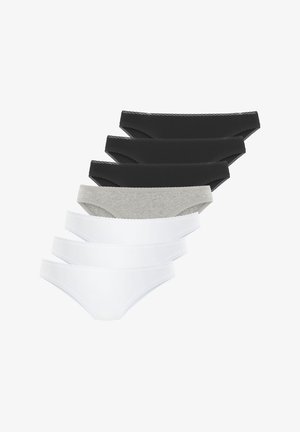 Set van zes damesonderbroeken in zwart, grijs en wit. Gemaakt van zachte stof met kantafwerking langs de tailleband. Klassiek snit ontwerp.