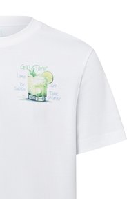 White cotton T-shirt featuring a graphic of a gin and tonic cocktail, with text: "Gin & Tonic," "Lime," "Ice Cubes," "Gin," "Tonic Water."