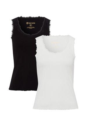 Twee tanktops: één zwart en één wit, beide met kantafwerking langs de ronde halslijn en een strakke geribbelde textuur.