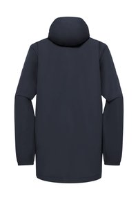 Marineblaue, langärmelige Jacke mit hohem Kragen und Kapuze, von hinten gezeigt, mit glattem, einfarbigem Stoff.