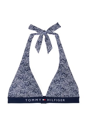 Navy niebieski biustonosz bikini z wirującymi białymi wzorami. Związania na szyi i markowa taśma na dole z napisem "TOMMY HILFIGER."