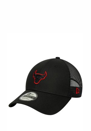 Black baseball cap with red embroidered bull logo, made from fabric with mesh panels at the back, featuring a curved visor and adjustable strap.