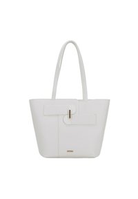 Sac fourre-tout blanc en matériau texturé, doté d'une poignée plate, d'un détail de fermeture proéminent et d'un logo discret en bas.