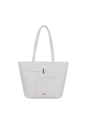 Witte tote bag gemaakt van gestructureerd materiaal, met een platte handgreep, een opvallende sluiting en een subtiel logo aan de onderkant.