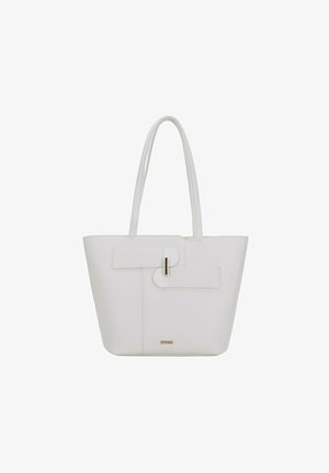 Valkoinen olkalaukku, joka on valmistettu tekstuuri materiaalista. Laukussa on litteä kahva, näkyvä sulkumenetelmä ja hienovarainen logo pohjassa.