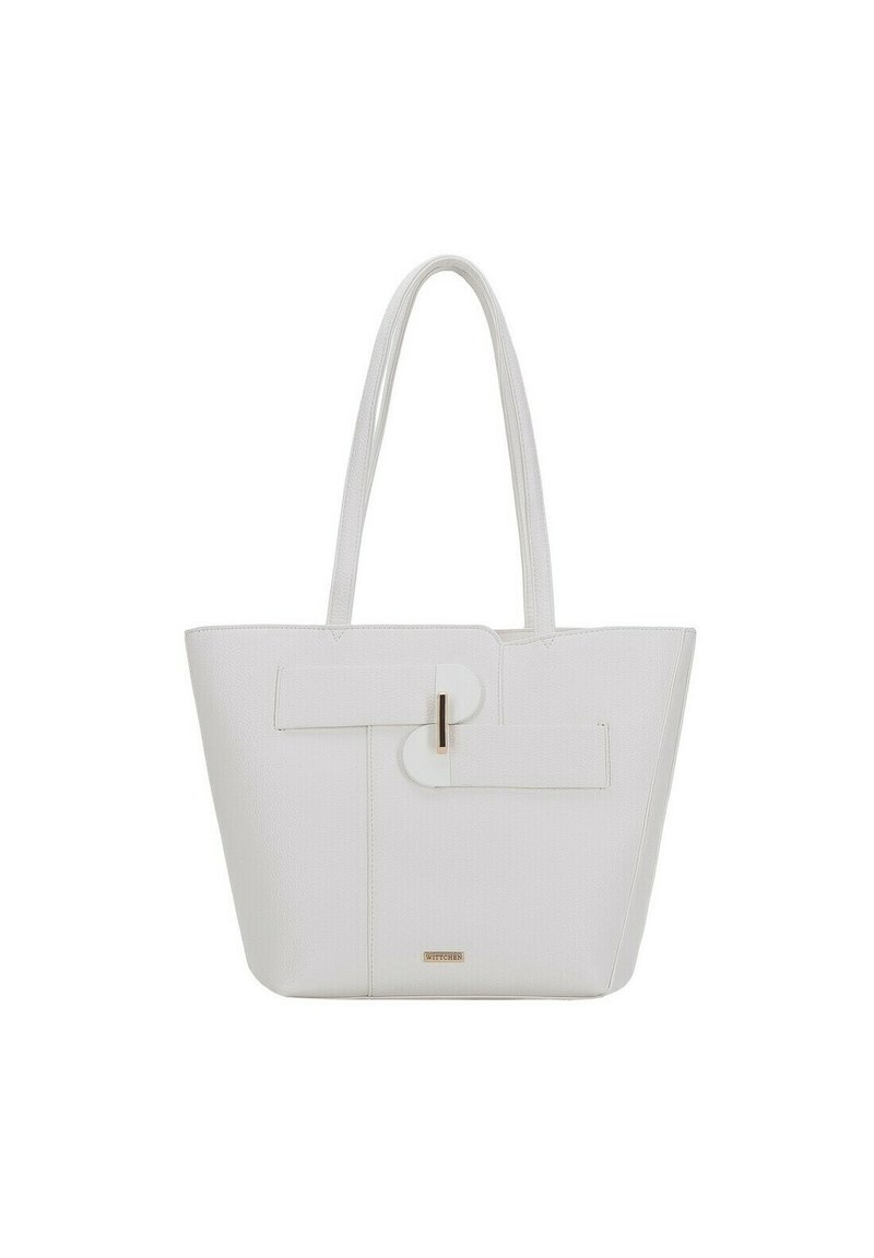 Sac fourre-tout blanc en matériau texturé, doté d'une poignée plate, d'un détail de fermeture proéminent et d'un logo discret en bas.