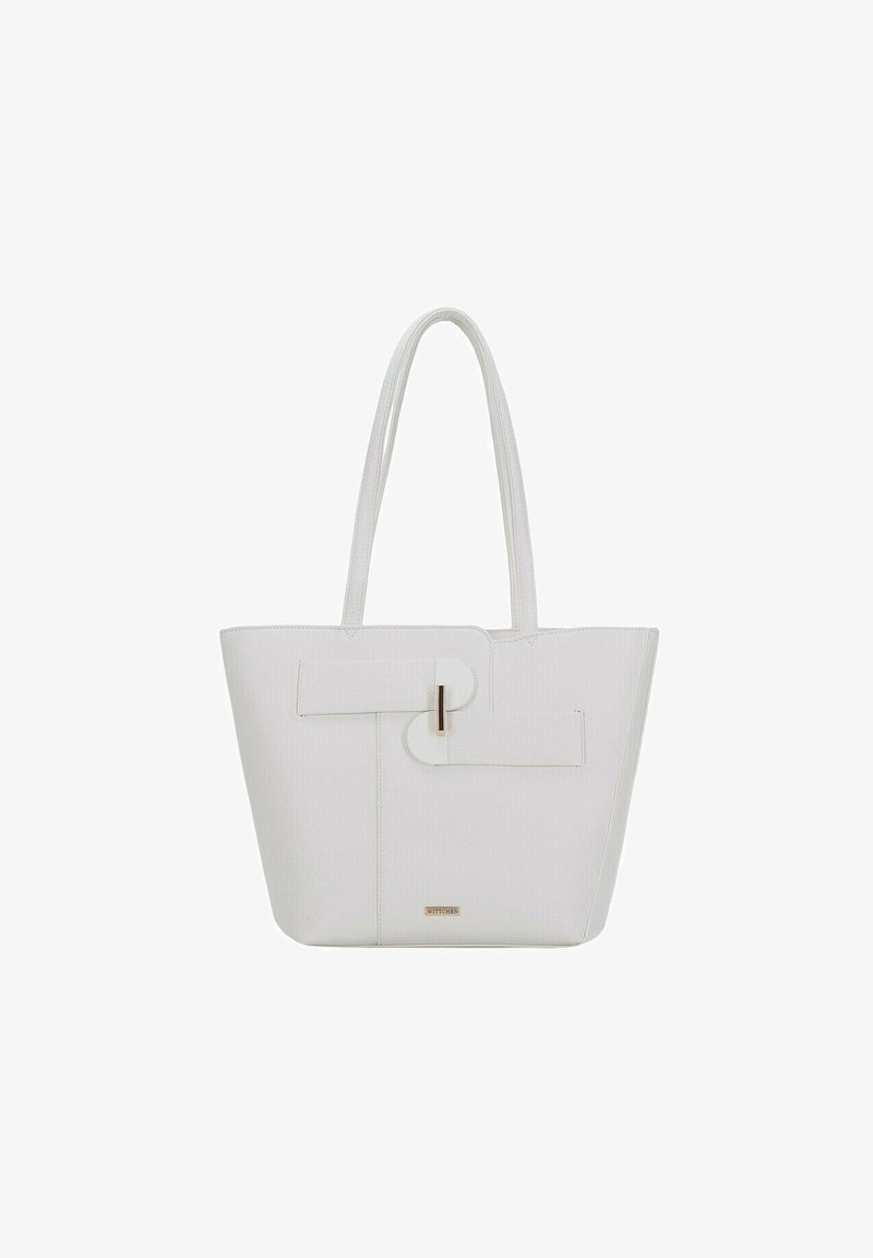 Hvid tote bag lavet af struktureret materiale, med en flad håndtag, en markant lukningsdetalje og et diskret logo nederst.