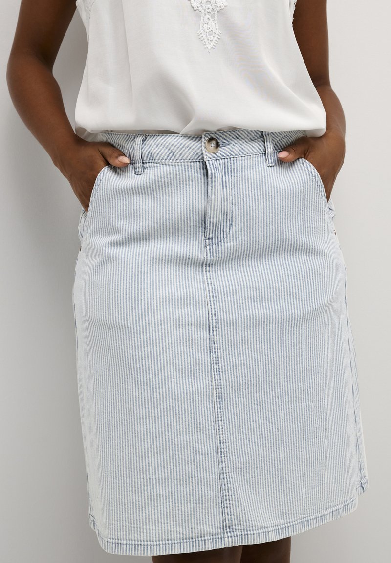 Gonna di denim con strisce verticali blu e bianche, due tasche anteriori, chiusura con bottoni frontale e orlo leggermente curvato.