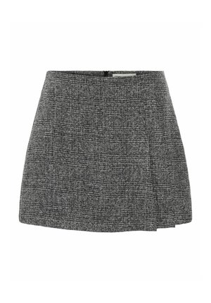 Jupe plissée grise en tissu texturé avec un motif subtil. Elle présente une fermeture éclair dans le dos et un design ajusté à la taille.