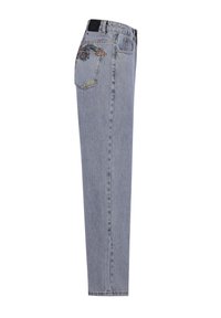Light blue denim jeans with a straight-leg design. Features embroidered floral detail on back pocket and standard hardware.