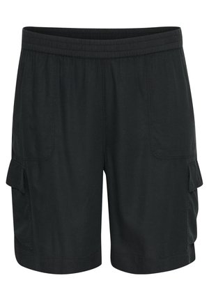 Juodi kroviniai šortai su elastinga juosta, turintys dvi šonines kišenes ir dvi krovinio kišenes šonuose. Lygus paviršius, kelio ilgio. 