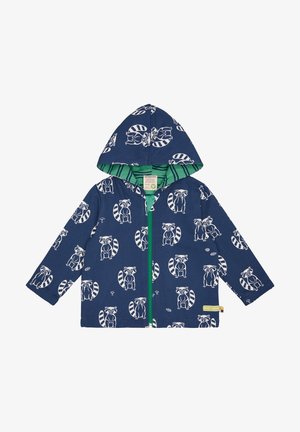 Marineblaue Kapuzenjacke mit weißen Waschbärmustern. Grüner gestreifter Innenkragen und Reißverschluss. Lange Ärmel mit elastischen Bündchen.