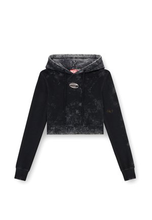 Felpa nera corta con texture tie-dye, cappuccio con lacci e dettaglio logo metallico sul davanti. Tessuto morbido e maniche aderenti.