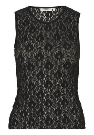 Must mustriga mundriga toru, mis on kaunistatud ümmarguse kaeluse ja keerukate lillemotiividega, pehme tekstuuriga ja sobiva siluetiga.